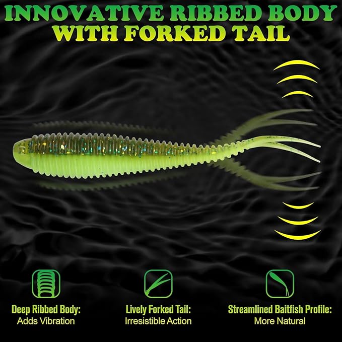 LUCKYFISHING Soft Plastic Baits 20PCS/30PCS/40PCS Forked Tail Fishing Soft Bait for Bass Walleye Trout Crappie Lures 3in/3.5in/4in