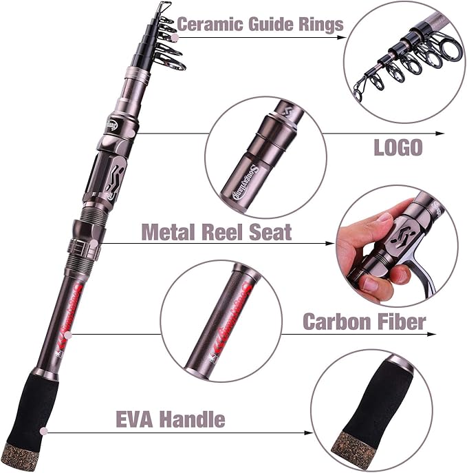 Sougayilang Telescopic Fishing Rod - 24 Ton Carbon Fiber,CNC Machined Reel Seat, Comfortable EVA Handle, Travel Fishing Rod for Bass Trout Fishing