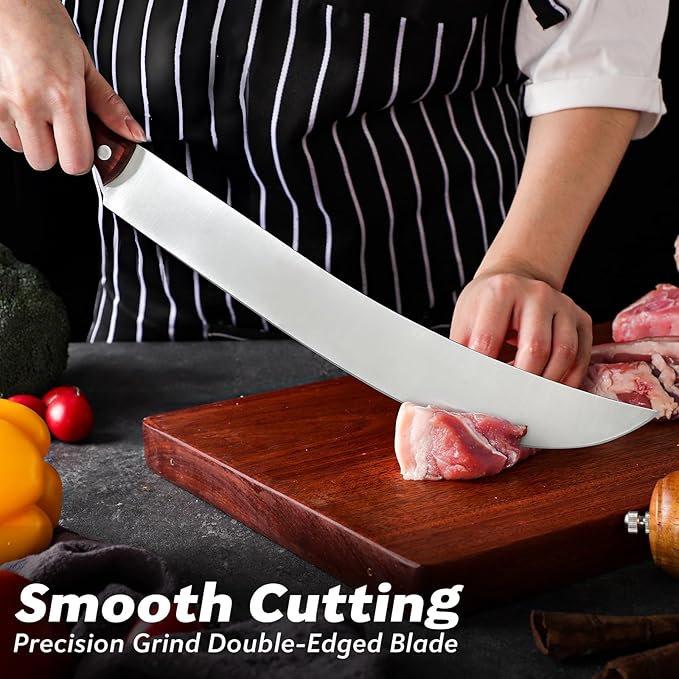 TAN REN Butcher Brisket Knife for Meat Carving, 12 Inch Cimeter Meat Slicing Knife with Wood Handle, Full Tang Breaking Knives for BBQ and Turkey