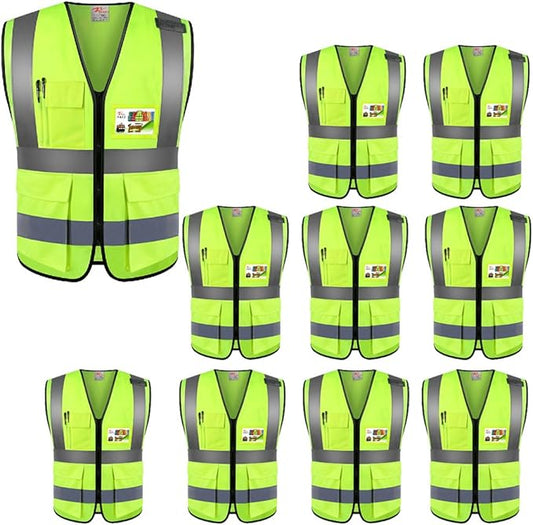 zojo High Visibility Safety Vests With Pockets, Wholesale Reflective Vest for Outdoor Works, Cycling, Jogging, Walking,Sports - Fits for Men and Women (Pack of 10, XL Neon Yellow)