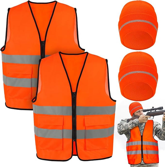 Apipi 2 Set Blaze Orange Hunting Vest and Beanie - High Visibility Safety Vest for Men, with Reflective Strips for Outdoor
