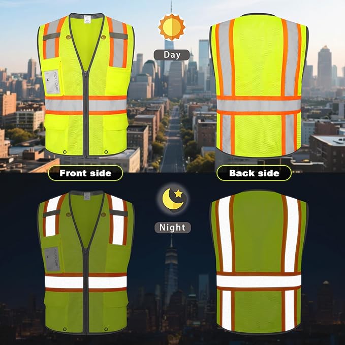 9 Pockets Class 2 High Visibility Reflective Safety Vest for Men, Mesh Hi Vis Construction Work Vest