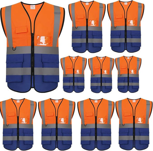 zojo High Visibility Safety Vests With Pockets, Pack of 10,Wholesale Reflective Vest for Outdoor Works, Cycling, Jogging, Walking,Sports - Fits for Men and Women(XL-Mix Orange & Blue)