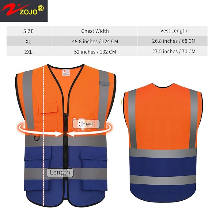 zojo High Visibility Safety Vests With Pockets, Pack of 10,Wholesale Reflective Vest for Outdoor Works, Cycling, Jogging, Walking,Sports - Fits for Men and Women(2XL-Mix Orange & Blue)
