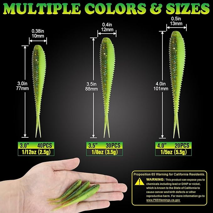 LUCKYFISHING Soft Plastic Baits 20PCS/30PCS/40PCS Forked Tail Fishing Soft Bait for Bass Walleye Trout Crappie Lures 3in/3.5in/4in