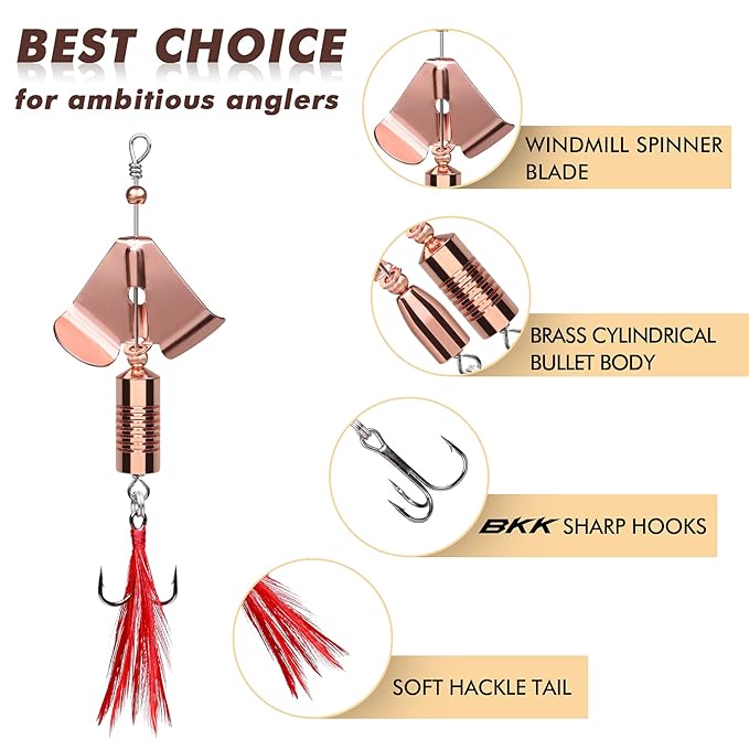 TRUSCEND Swimming or Jigging Fishing Spinners with Two-Way Spinning Spoons System, Rooster Tail Fishing Lures with Flash Copper Body & Blade, Freshwater and Saltwater Blade Bait for Bass Walleye Trout