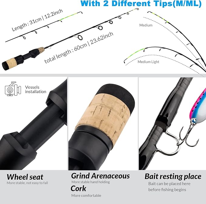 QualyQualy Ice Fishing Rod Reel Combo Complete Set Ice Fishing Gear with Backpack Seat Ice Cleats Ice Fishing Jigs Line Full Ice Fishing Kit 24" 26"