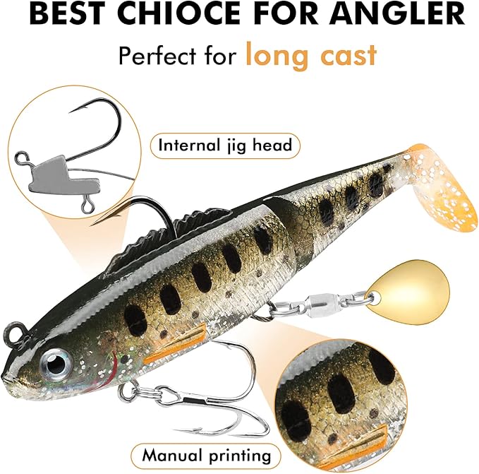 TRUSCEND Easy Catch Pre-Rigged Soft Lures, Unique Vibrating Swim Action and Trembly Sinking Move for More Bites, Amazing Soft Swimbait for Family Fishing, Fishing Lures for Bass Trout Crappie Walleye