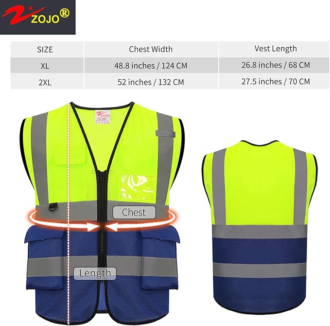 zojo High Visibility Safety Vests With Pockets,Pack of 10,Wholesale Reflective Vest for Outdoor Works, Cycling, Jogging, Walking,Sports - Fits for Men and Women (2XL- Mesh-Mix Yellow & Blue)