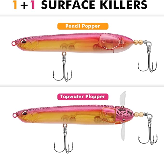 TRUSCEND PoPobait with BKK Hooks, Top Water Plopper Fishing Lures for Bass Walleye Pike Catfish Musky Perch, Floating Lure for Freshwater or Saltwater, Amazing Teasers Fishing Gifts for Family Fishing