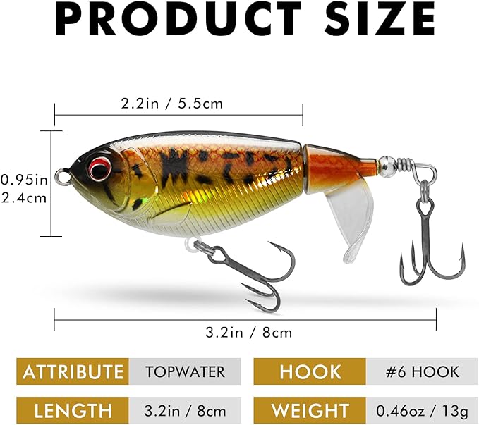 TRUSCEND PoPobait with BKK Hooks, Top Water Plopper Fishing Lures for Bass Walleye Pike Catfish Musky Perch, Floating Lure for Freshwater or Saltwater, Amazing Teasers Fishing Gifts for Family Fishing
