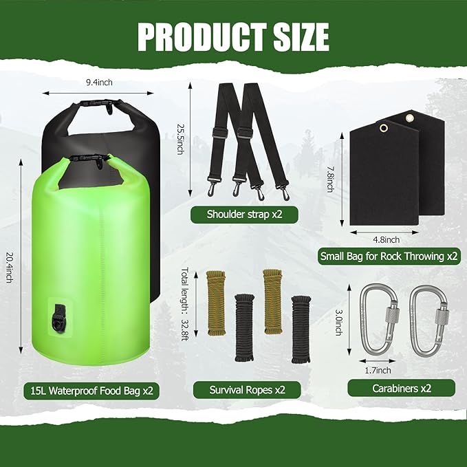 Bear Bag Hanging System - 15L Heavy Duty Waterproof Bear Proof Food Storage Kit with Rock Sack 2 Ropes 2 Safety Clips 1 Straps for Hiking, Camping & Backpackin