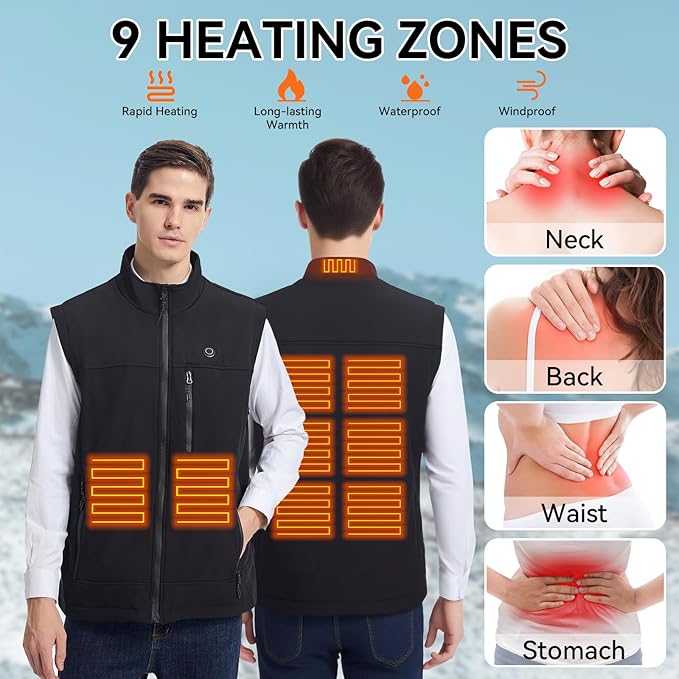 Soft Shell Heated Vest for Men with Battery, 9 Heating Zone Lightweight Insulated Electric Vest for Winter Outdoor