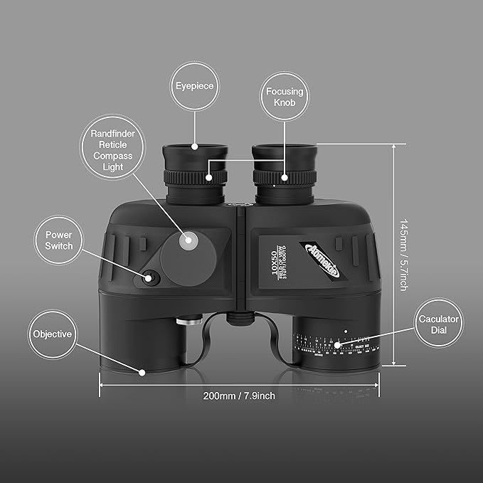 Aomekie 10x50 Binoculars for Adults Marine Military Binoculars Waterproof with Rangefinder Compass BAK4 Prism FMC Lens for Birdwatching Hunting Boating (10X50 Black)