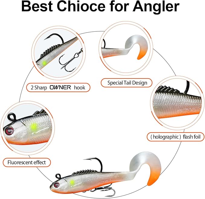 TRUSCEND Pre-rigged Fishing Jig Lures for Freshwater and Saltwater, Innovative Super Durable TPE Bass Lures, Lifelike Shrimp Crayfish Swimbait, Weedless Lure for Crappie Trout Walleye, Keep Separately