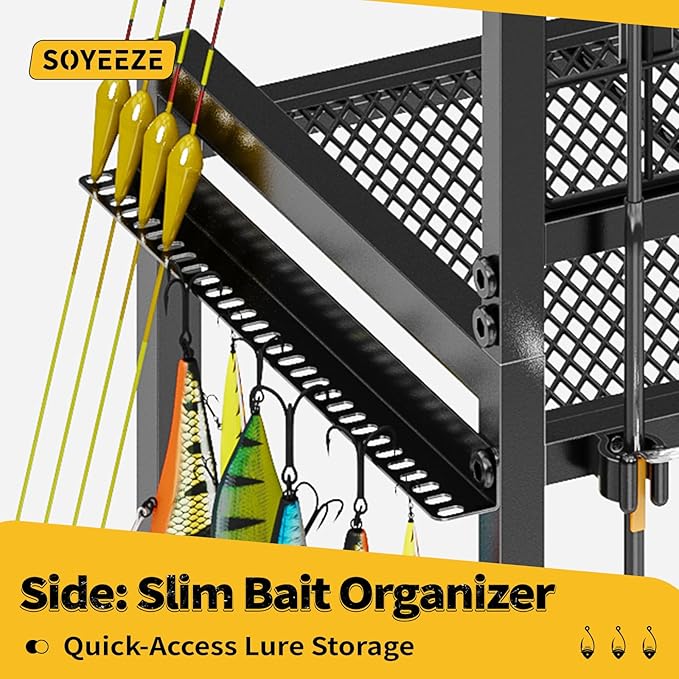 SOYEEZE Fishing Rod Holder for Garage, Fishing Pole Holders with Wire Panels and Free DIY Hooks, Store Up to 12 Rods, Large Storage Space with Wheels for Fishing Supplies, Best Fsihing Gifts for Man