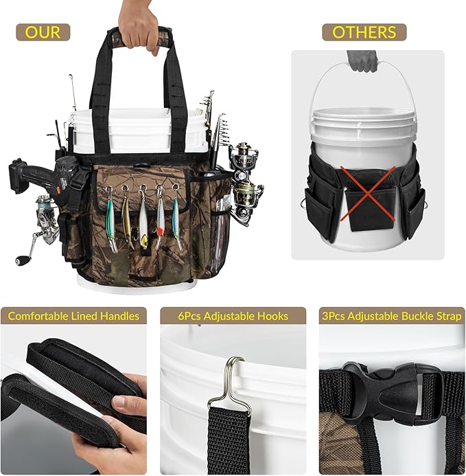 THKFISH Fishing Bucket Organizer for 5 Gallon Bucket, Ice Fishing Bucket Bag with Rod & Plier Holder, Adjustable Fish Protection Bucket Bag with Multi-Pockets for Fishing Gear