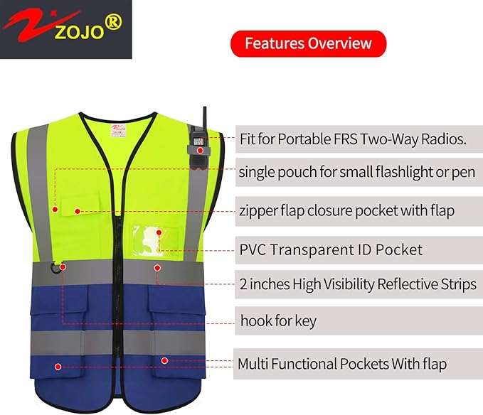 zojo High Visibility Safety Vests With Pockets, Pack of 10,Wholesale Reflective Vest for Outdoor Works, Cycling, Jogging, Walking,Sports - Fits for Men and Women (2XL-Mix Yellow & Blue)