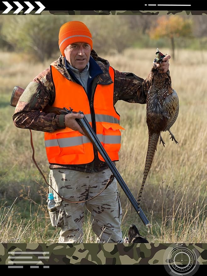 Apipi 2 Set Blaze Orange Hunting Vest and Beanie - High Visibility Safety Vest for Men, with Reflective Strips for Outdoor