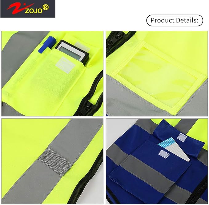 zojo High Visibility Safety Vests With Pockets,Pack of 10,Wholesale Reflective Vest for Outdoor Works, Cycling, Jogging, Walking,Sports - Fits for Men and Women(XL-Mix Yellow & Blue)