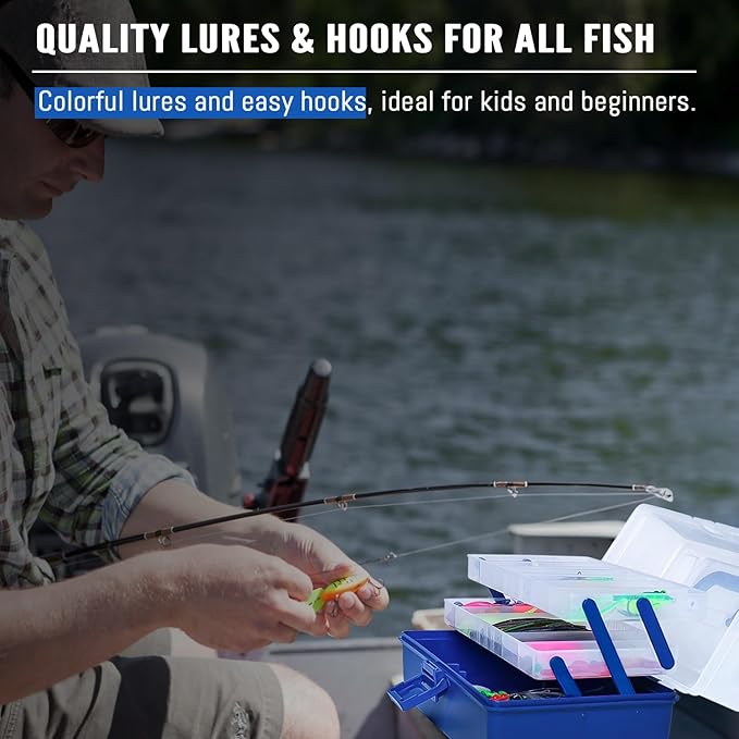 448-Pcs Fishing Lures Kit – Complete 3-Layer Tackle Box Set with Hooks, Weights, Bobbers, Pliers, Rigs, Leaders, Fluorocarbon Line, Accessories & More for Kids Fishing Gear