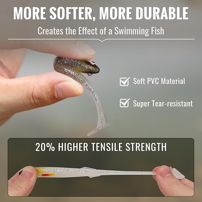 TRUSCEND Easy Catch Soft Lures, Unique Vibrating Swim Action and Trembly Sinking Move for More Bites, Amazing Soft Swimbaits for Family Fishing, Well-Made Fishing Lures for Bass Trout Crappie Walleye