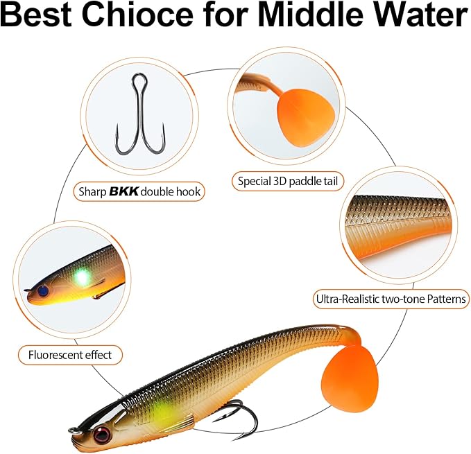 TRUSCEND Easy Catch Pre-Rigged Soft Lures, Unique Vibrating Swim Action and Trembly Sinking Move for More Bites, Amazing Soft Swimbait for Family Fishing, Fishing Lures for Bass Trout Crappie Walleye