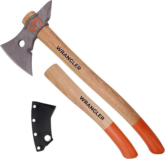 Titanium Camp Axe - 18" & 11.5" Wood Hickory Handles - Tomahawk Axe Spike End - 2-Piece Slip-Fit Design - Includes Blade Sheath and 2 Handles - Survival Axe