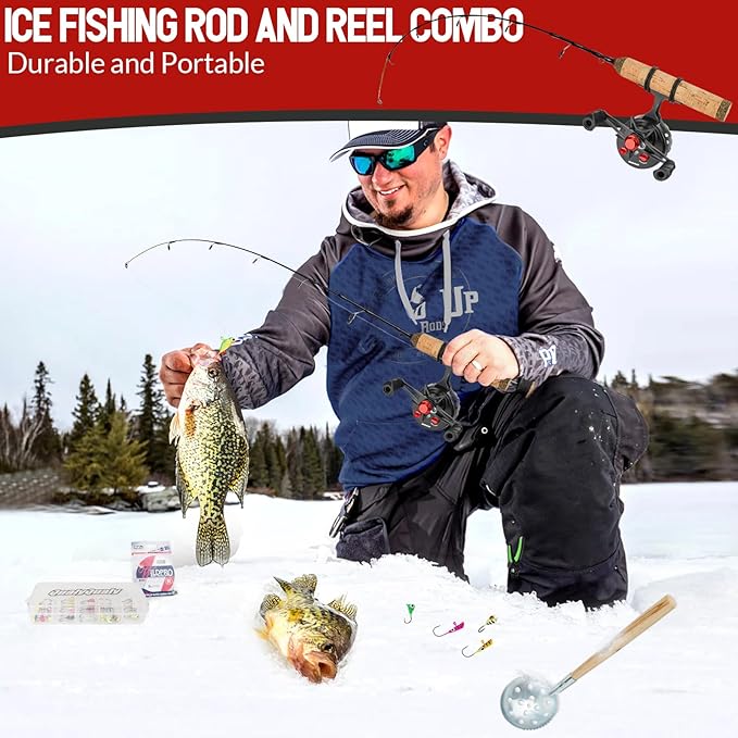 QualyQualy Ice Fishing Rod Reel Combo Complete Set Ice Fishing Gear with Backpack Seat Ice Cleats Ice Fishing Jigs Line Full Ice Fishing Kit 24" 26"