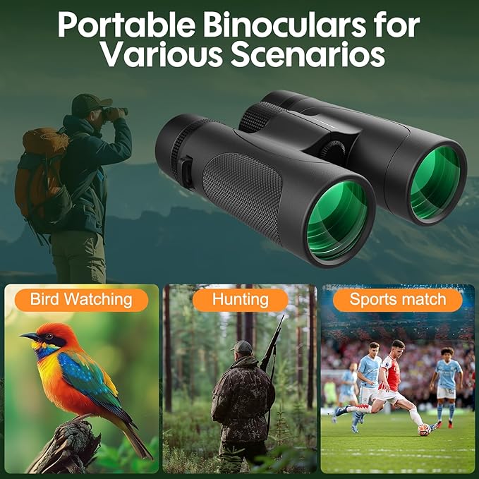12x42 UHD Binoculars for Adults High Powered: Waterproof for Bird Watching - Large View, Lightweight, Fogproof Binoculars for Hunting Hiking Bird Watching Travel Cruise Black