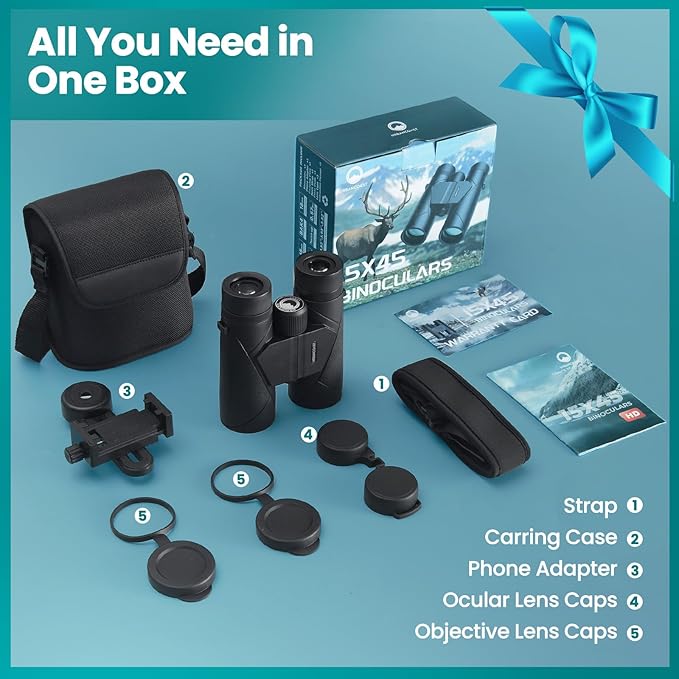 15X45 Professional HD Binoculars for Adults High Powered with Phone Adapter, IPX7 Waterproof Binoculars with Large Eyepiece for Huting Bird Watching Hiking Hunting Cruise Ship
