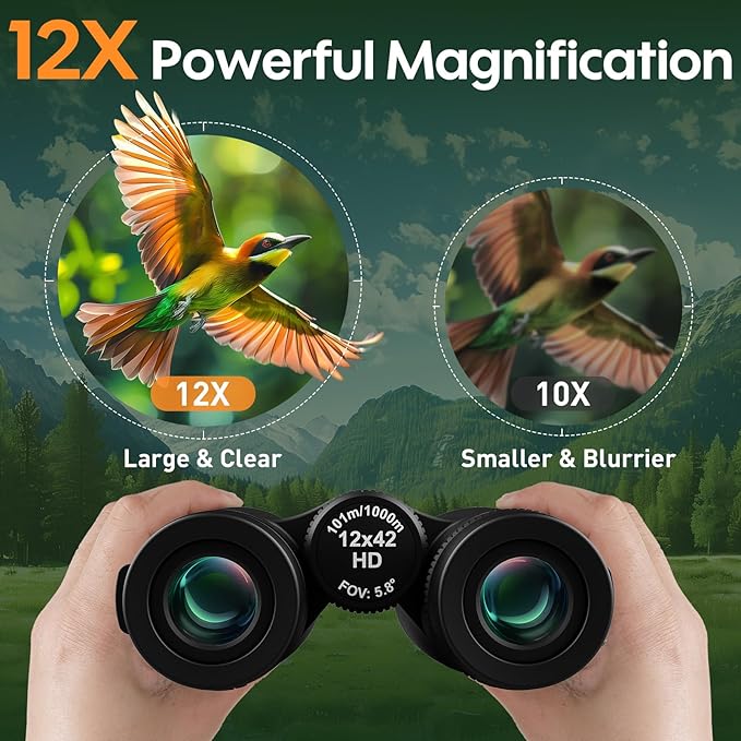 12x42 UHD Binoculars for Adults High Powered: Waterproof for Bird Watching - Large View, Lightweight, Fogproof Binoculars for Hunting Hiking Bird Watching Travel Cruise Black