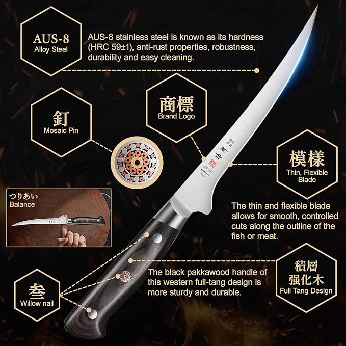 7 Inch Fillet Knife for Fish, Japan AUS-8 Alloy Steel Boning Knife for Meat with Full-Tang Pakkawood Handle, Kitchen Knives with Premium Gift Box (Classic Series)
