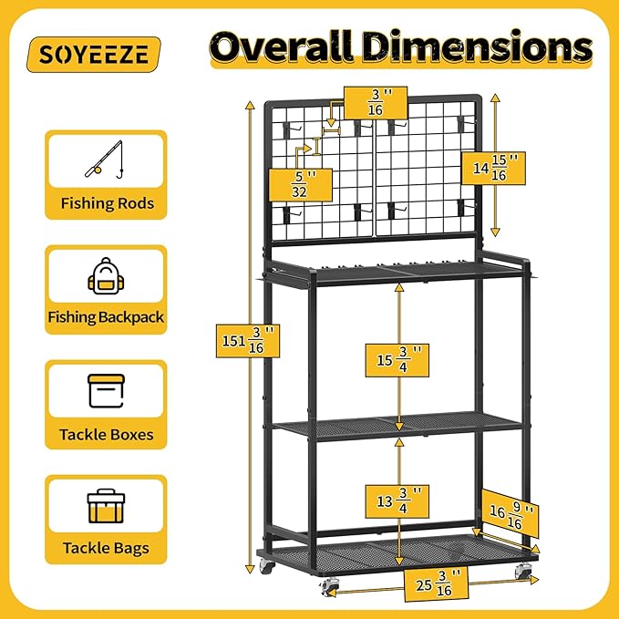 SOYEEZE Fishing Rod Holder for Garage, Fishing Pole Holders with Wire Panels and Free DIY Hooks, Store Up to 12 Rods, Large Storage Space with Wheels for Fishing Supplies, Best Fsihing Gifts for Man