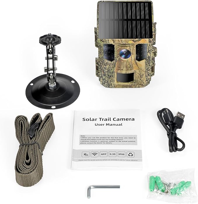 Solar Trail Camera 32MP 30FPS 2.7K Video,WiFi Bluetooth Hunting Camera with Motion Activated 0.2s Trigger, Night Vision Motion 64GB Card,Bracket,4PCS Battery,IP66 Waterproof for Wildlife Scouting