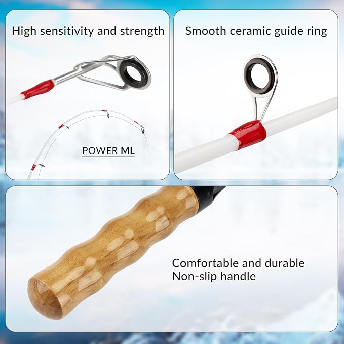 QualyQualy Ice Fishing Rod Reel Combo Complete Set Ice Fishing Gear with Backpack Seat Ice Cleats Ice Fishing Jigs Line Full Ice Fishing Kit 24" 26"