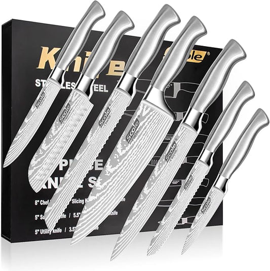 SCOLE® Chef Knife Ultra Sharp Kitchen Knife Set 7-Piece, Premium German 1.4116 Stainless Steel Chefs Knife Set, Ergonomic Handle Professional Knives Set for Kitchen with Gift Box