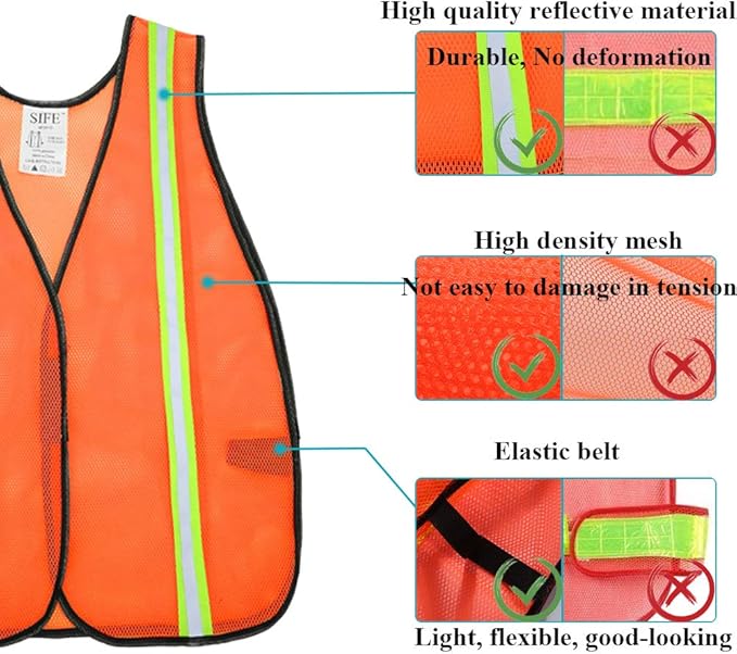 SIFE 10 Pack High Visibility Reflective Safety Vest,Made from Breathable and Neon Orange Mesh Fabric with Stretchable design,light weight for Man and Woman(Orange, 10 pack)