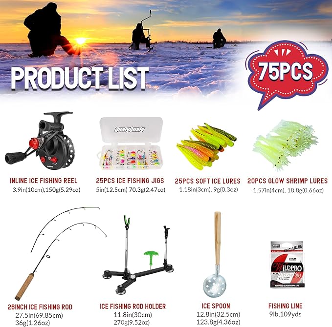 QualyQualy Ice Fishing Rod Reel Combo Complete Set Ice Fishing Gear with Backpack Seat Ice Cleats Ice Fishing Jigs Line Full Ice Fishing Kit 24" 26"