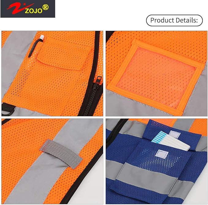 zojo High Visibility Safety Vests With Pockets, Wholesale Reflective Vest for Outdoor Works, Cycling, Jogging, Walking, Fits for Men and Women Pack of 10 (10, 2XL- Mesh-Mix Orange & Blue)