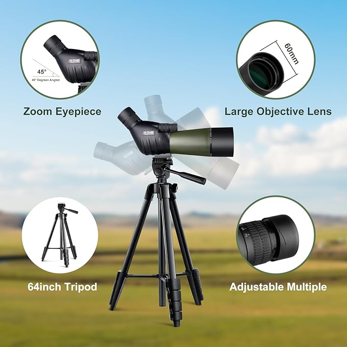 25-75x60 Spotting Scope with 64in Tripod, Carry Bag - Clear Low Light Vision Spotting Scopes - Fogproof Spotting Scopes for Target Shooting, Hunting, Birding, Wildlife Viewing (Green)