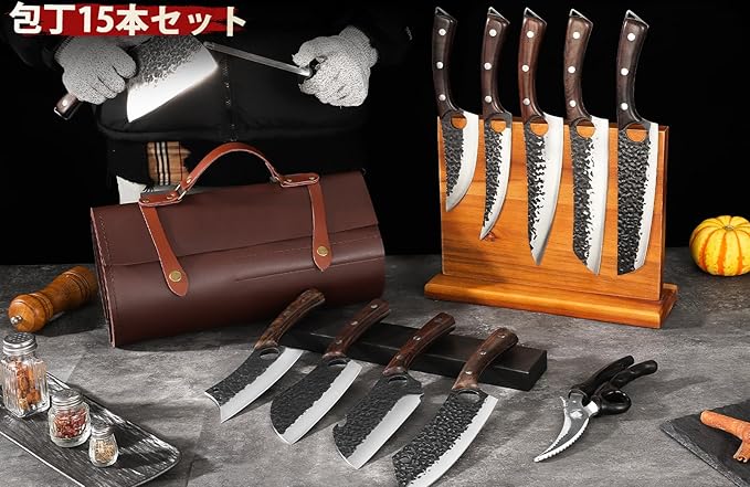 Serbian Chef Knife Set, Hand Forged Butcher Knife Set with Knife Bag, High Carbon Steel Kitchen Knives Set Meat Cleaver Boning Knife Viking Knives for Brisket Trimming, Gifts for Dad