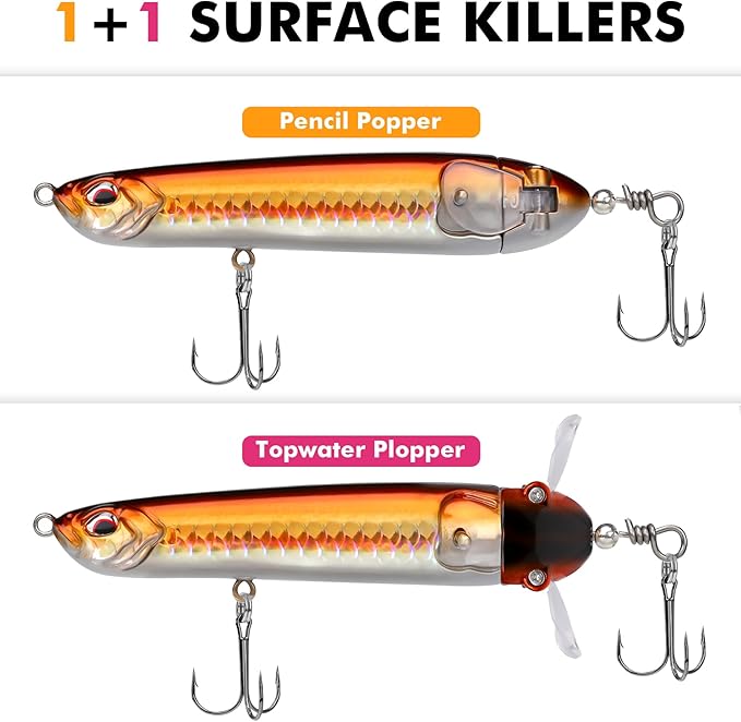 TRUSCEND PoPobait with BKK Hooks, Top Water Plopper Fishing Lures for Bass Walleye Pike Catfish Musky Perch, Floating Lure for Freshwater or Saltwater, Amazing Teasers Fishing Gifts for Family Fishing