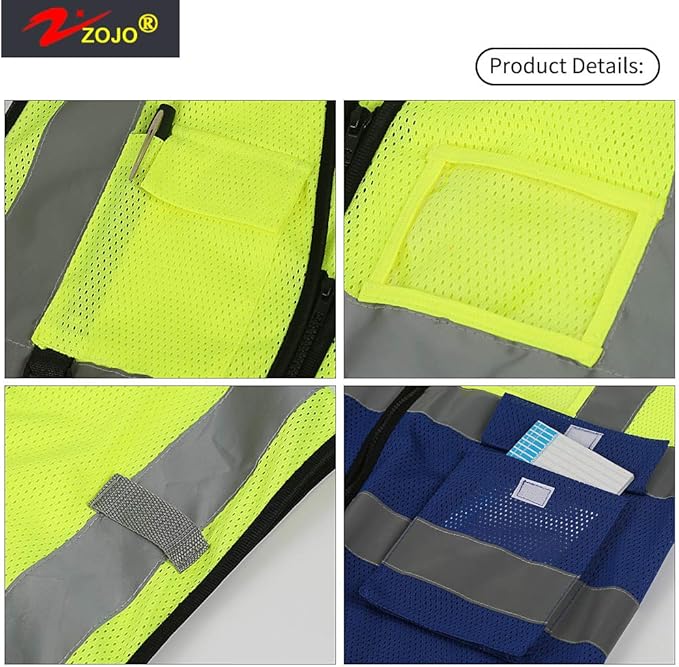 zojo High Visibility Safety Vests With Pockets,Pack of 10,Wholesale Reflective Vest for Outdoor Works, Cycling, Jogging, Walking,Sports - Fits for Men and Women (2XL- Mesh-Mix Yellow & Blue)