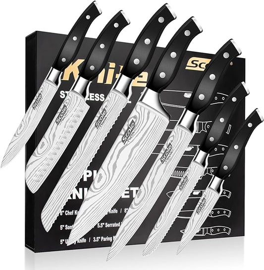 SCOLE® Chef Knife Ultra Sharp Kitchen Knife Set 7-Piece, Premium German 1.4116 Stainless Steel Chefs Knife Set, Ergonomic Handle Professional Knives Set for Kitchen with Gift Box