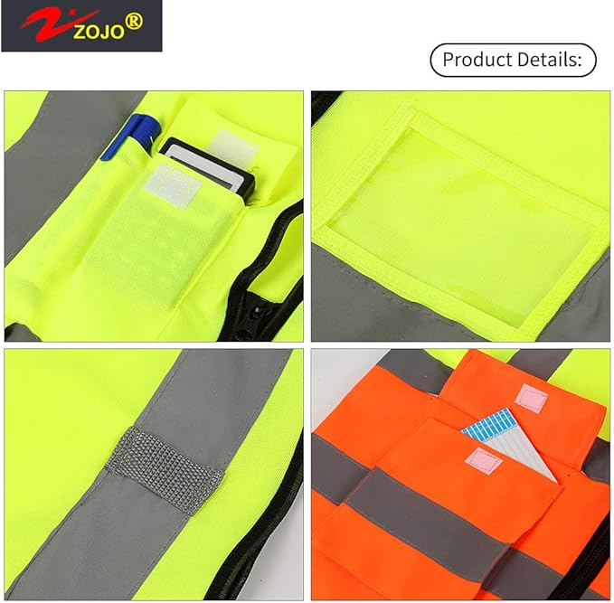 zojo High Visibility Safety Vests With Pockets, Pack of 10，Wholesale Reflective Vest for Outdoor Works, Cycling, Jogging, Walking,Sports - Fits for Men and Women (XL-Mix Yellow & Orange)