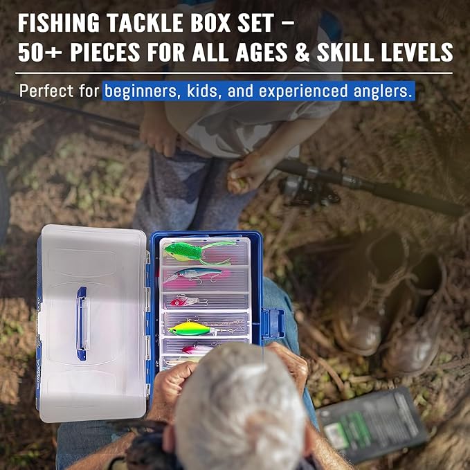 448-Pcs Fishing Lures Kit – Complete 3-Layer Tackle Box Set with Hooks, Weights, Bobbers, Pliers, Rigs, Leaders, Fluorocarbon Line, Accessories & More for Kids Fishing Gear