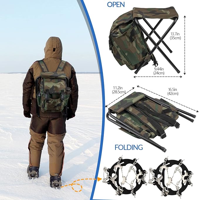 QualyQualy Ice Fishing Rod Reel Combo Complete Set Ice Fishing Gear with Backpack Seat Ice Cleats Ice Fishing Jigs Line Full Ice Fishing Kit 24" 26"