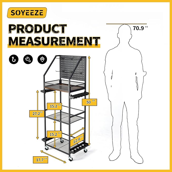 SOYEEZE Fishing Rod Holder,Fishing Pole Holders for Garage,Fishing Pole Rack for 12 Rods,Fishing Gear Equipment Organizer,Fishing Storage Cart Tackle Box/Reels/Bags with Wheels,Basement or Indoor