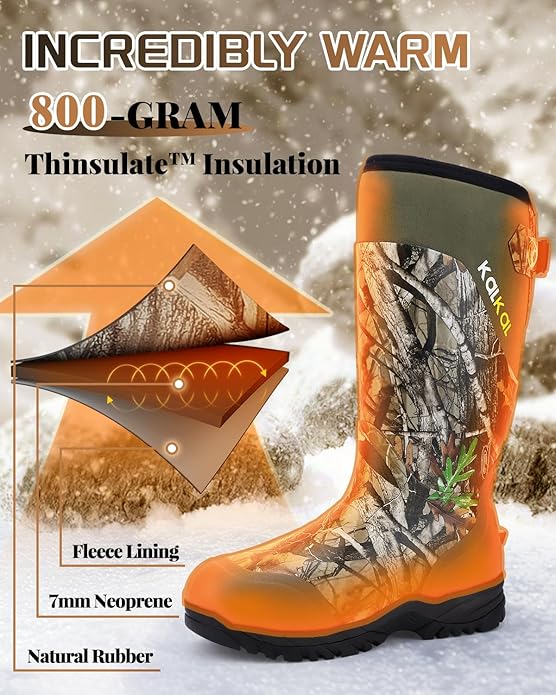 Kalkal Hunting Boots for Men with 800g Insulation, Waterproof Men's Insulated hunting boots with 7mm Neoprene, Sturdy Warm Rubber Boots for Outdoor Hunting Boots for Men (Size 6-14)